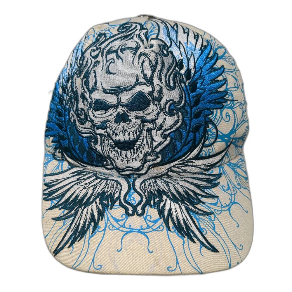 Pugs Gear 5 Panel White Blue One Size Skull Winged Tribal Embroidered Hat